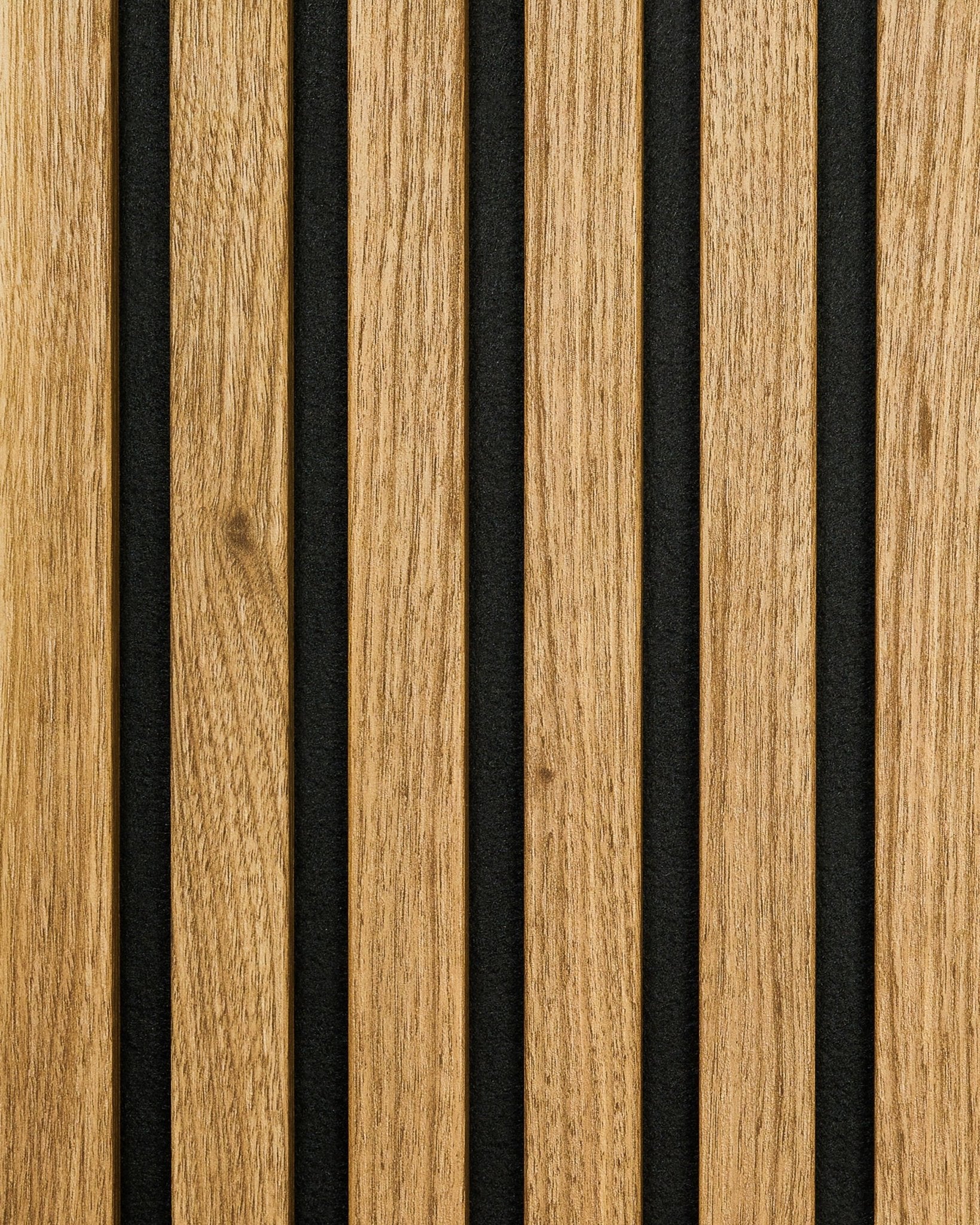 Akupanel sample in English Oak by WoodUpp, featuring vertical wooden slats with black felt gaps and visible natural wood grain.